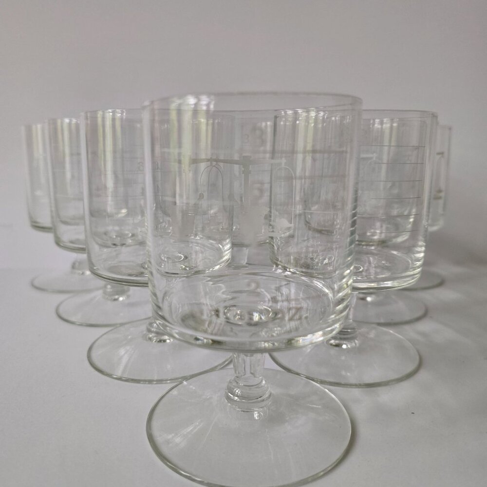 Set Of 10 Vintage Etched Glass Crystal Apothecary Wine Measuring Cups